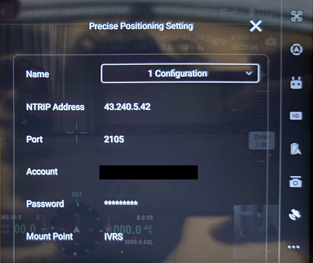 DJI remote controller showing RTK NTRIP configuration screen