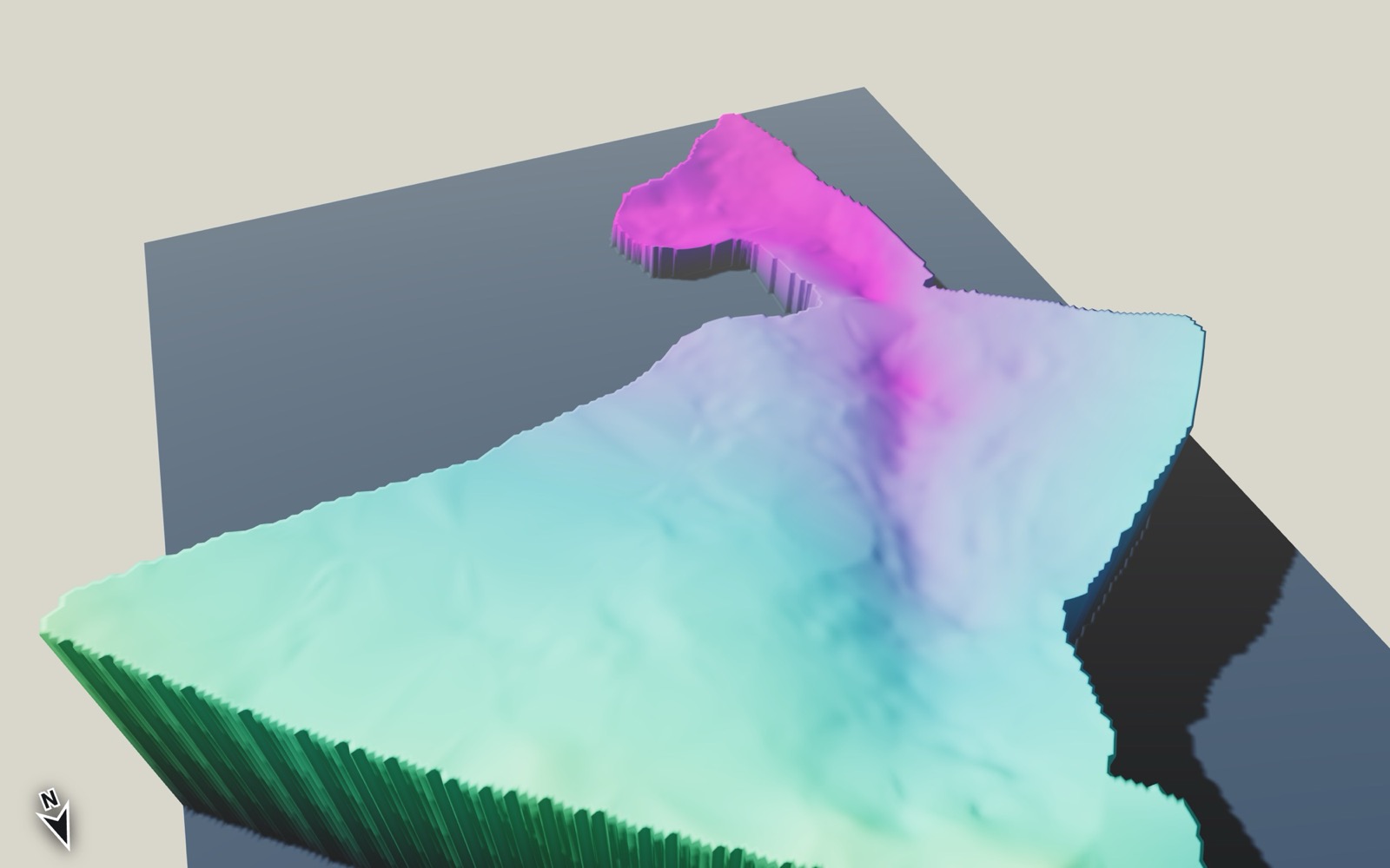 3D oblique render of a Digital Terrain Model, showing bare-earth relief