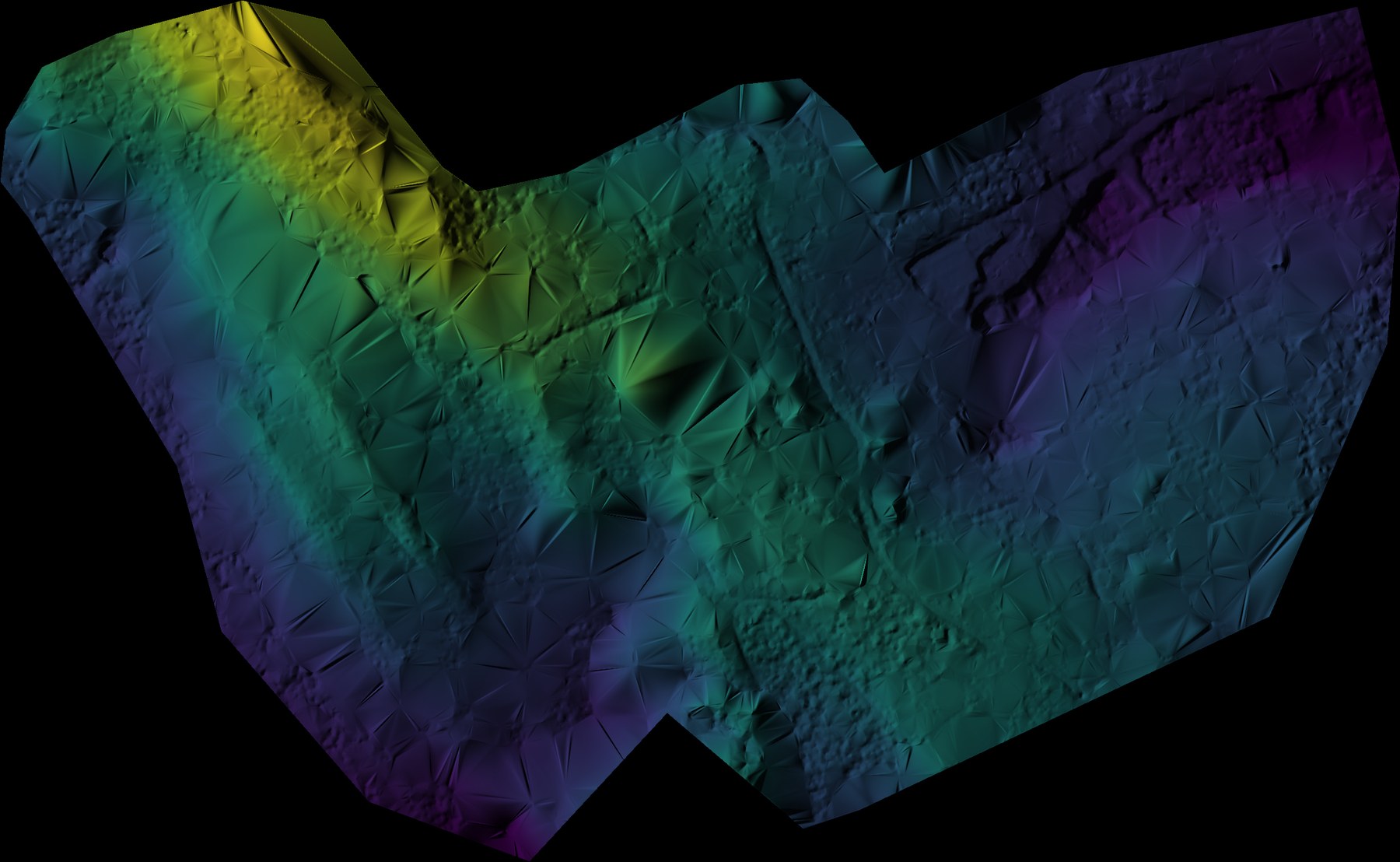 DTM hillshade of a forested estate, coloured by elevation, showing ridges and valleys
