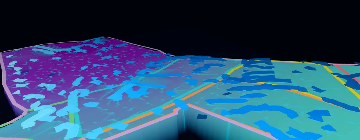3D terrain model running a rainwater flow simulation